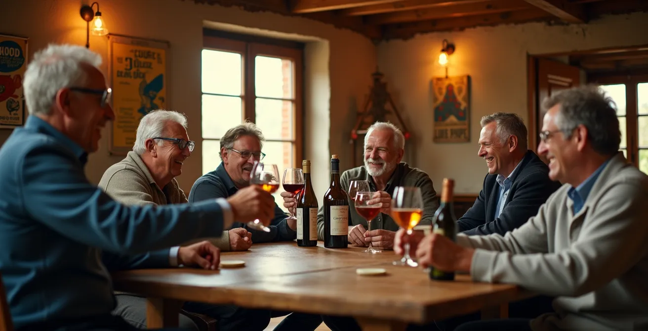 Ambiance chaleureuse dans la buvette d'une société de boule de fort après une partie