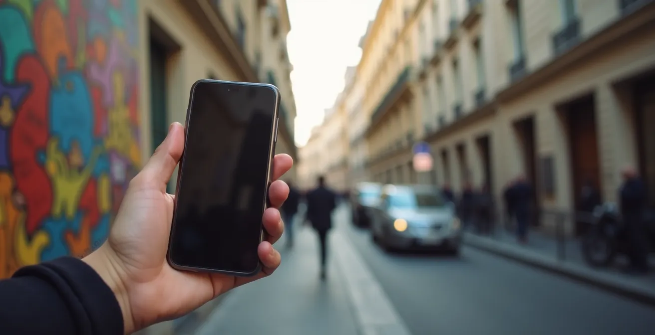 Main tenant un smartphone montrant une carte interactive de parcours street art dans une rue parisienne