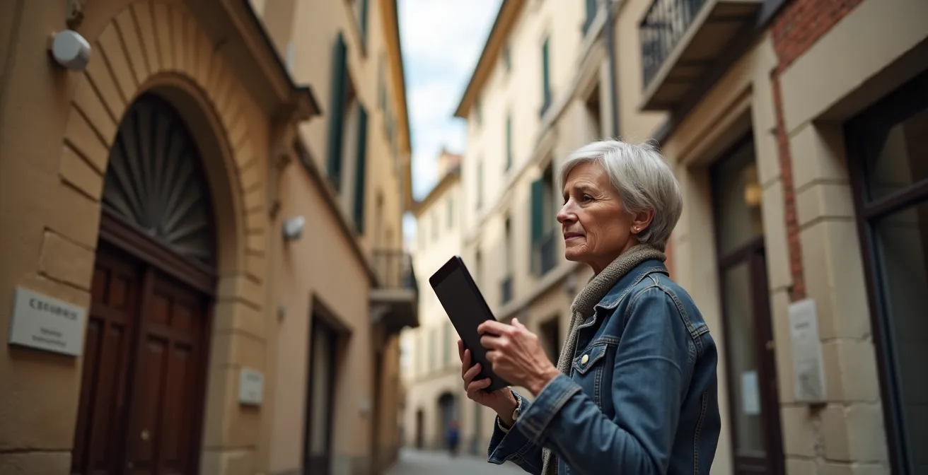 Personne utilisant une tablette dans une rue historique française, comparant visuellement l'architecture actuelle avec le passé