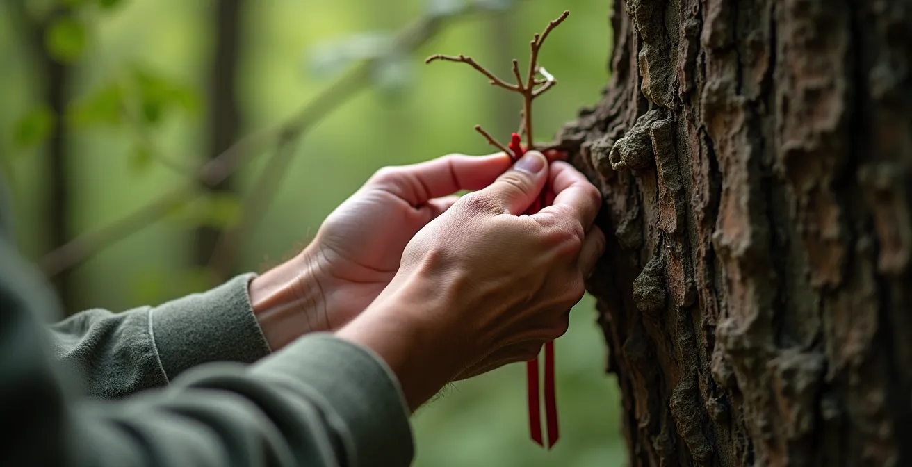 Tronc d'arbre centenaire avec clous rouillés plantés dans l'écorce et tissus colorés accrochés aux branches basses