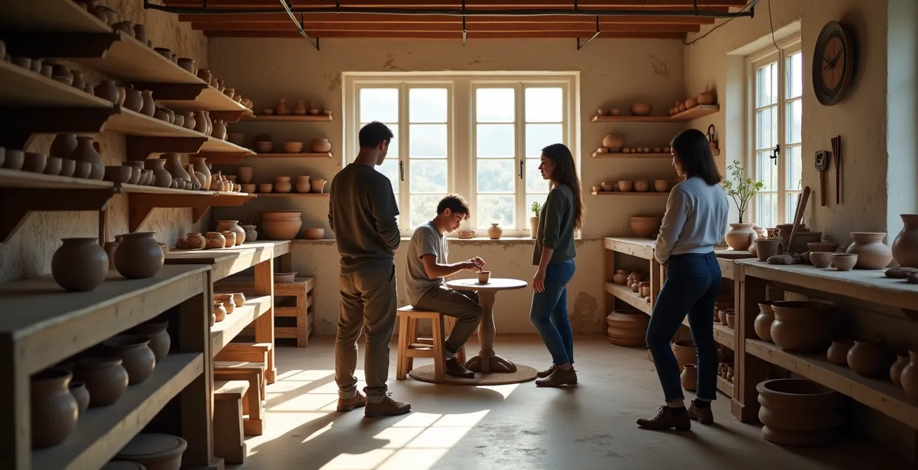 Visiteurs observant respectueusement un artisan céramiste au travail dans son atelier