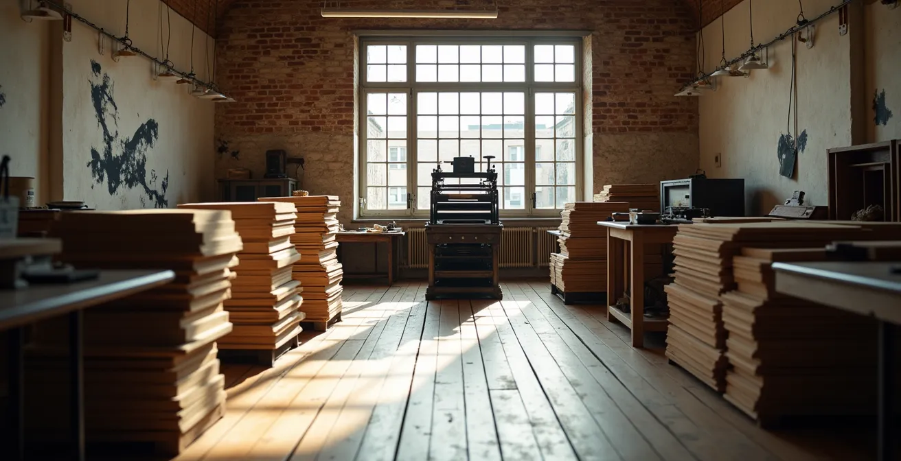 Vue d'ensemble d'un atelier de lithographie parisien avec presse traditionnelle