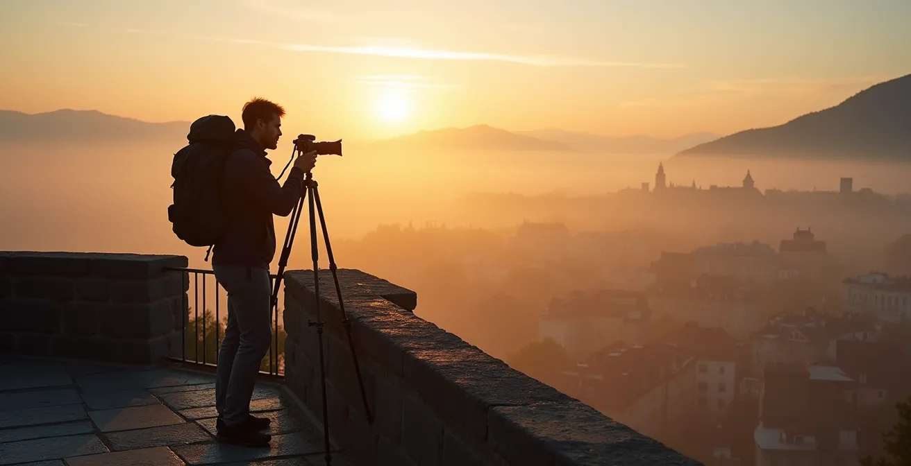 Photographe solitaire capturant le lever du soleil depuis un belvédère urbain dans la brume matinale