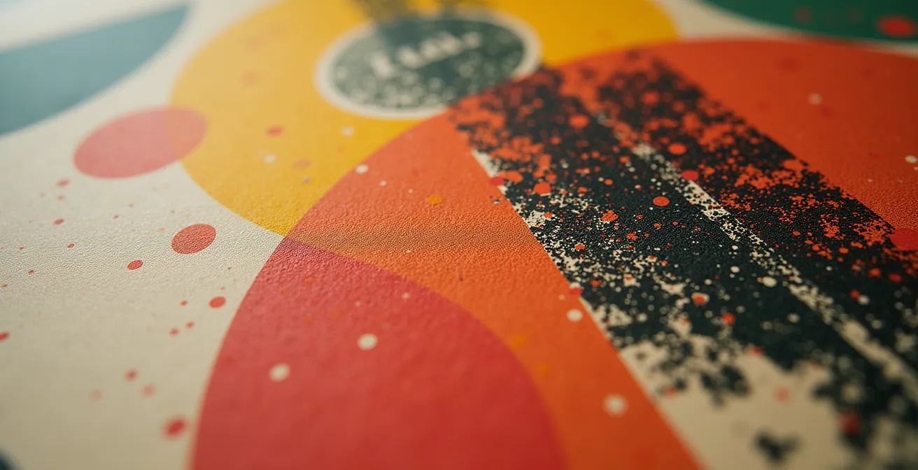 Détail macro d'une affiche vintage montrant la texture du papier et les trames d'impression