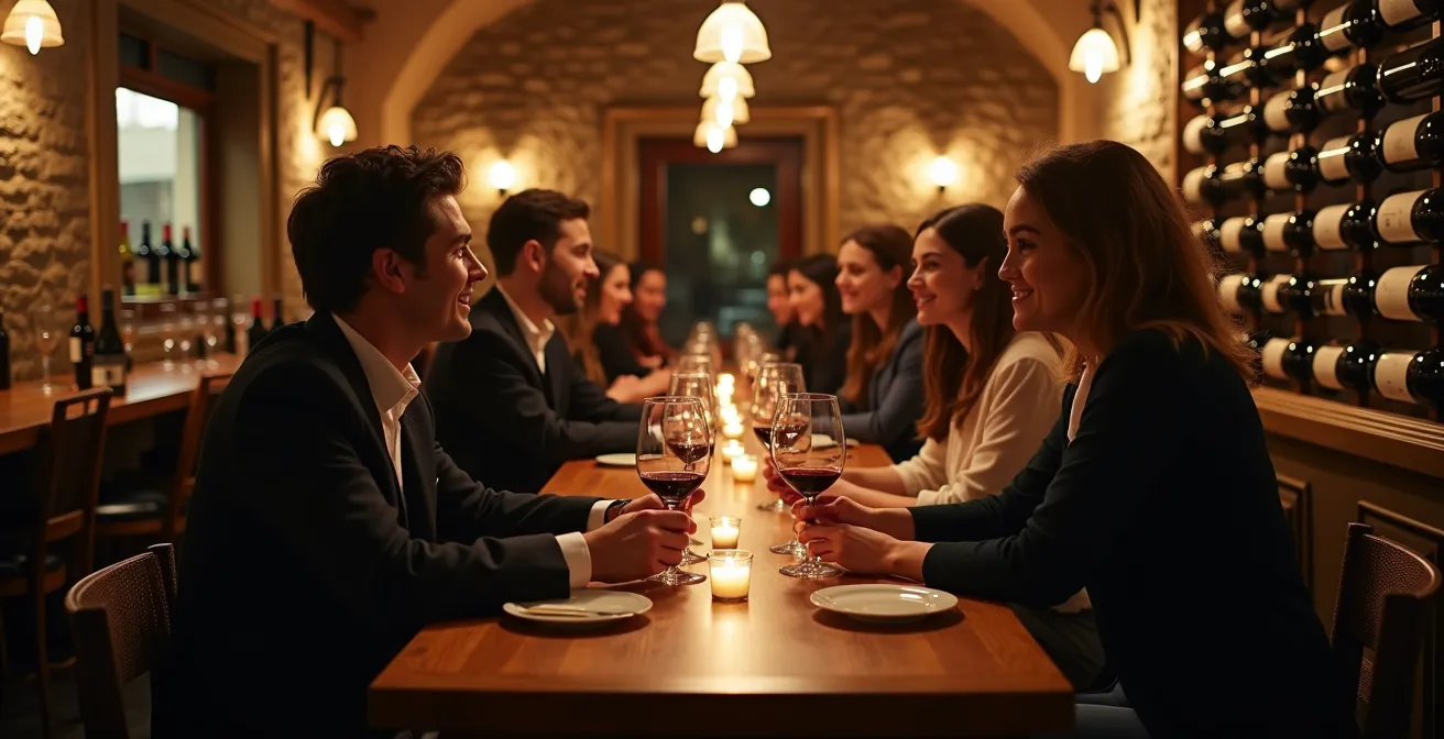 Intérieur chaleureux d'un bar à vins français traditionnel avec cave apparente et ambiance intimiste
