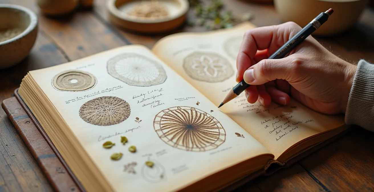 Gros plan sur un carnet de transmission artisanal avec croquis et échantillons de matériaux