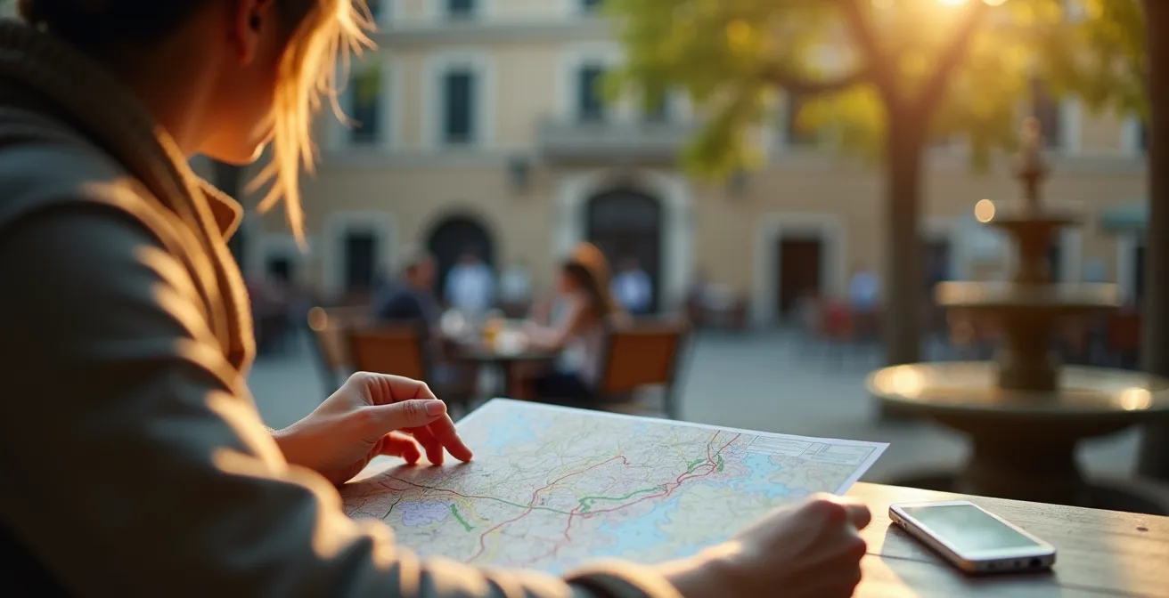 Vue aérienne d'une ville française centrale avec routes rayonnant vers villages environnants