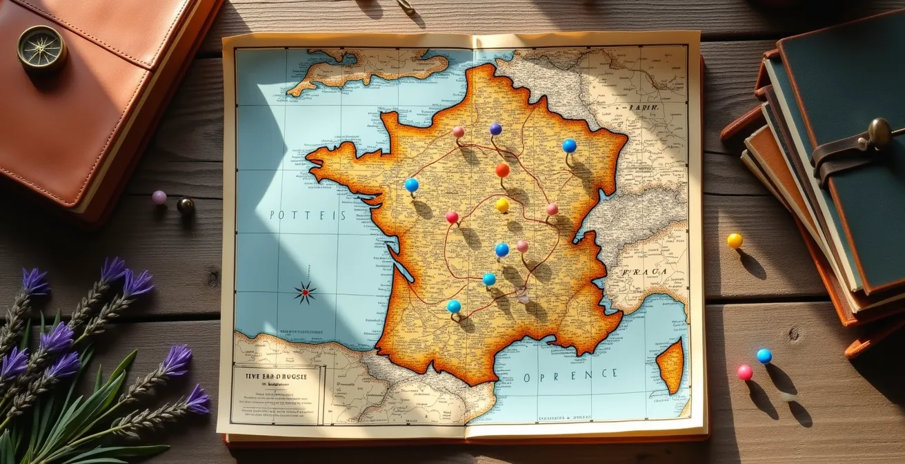 Vue aérienne d'une carte de France avec des épingles colorées marquant des destinations littéraires