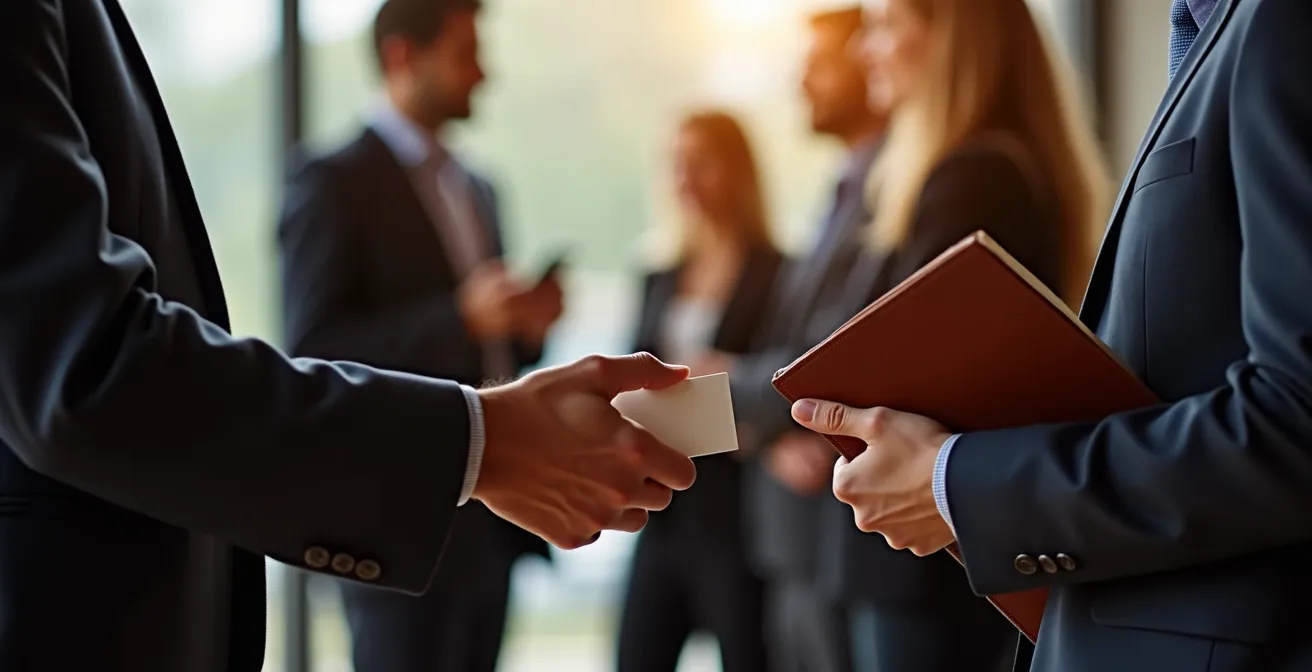 Professionnels échangeant des cartes de visite devant un stand d'éditeur dans un salon du livre