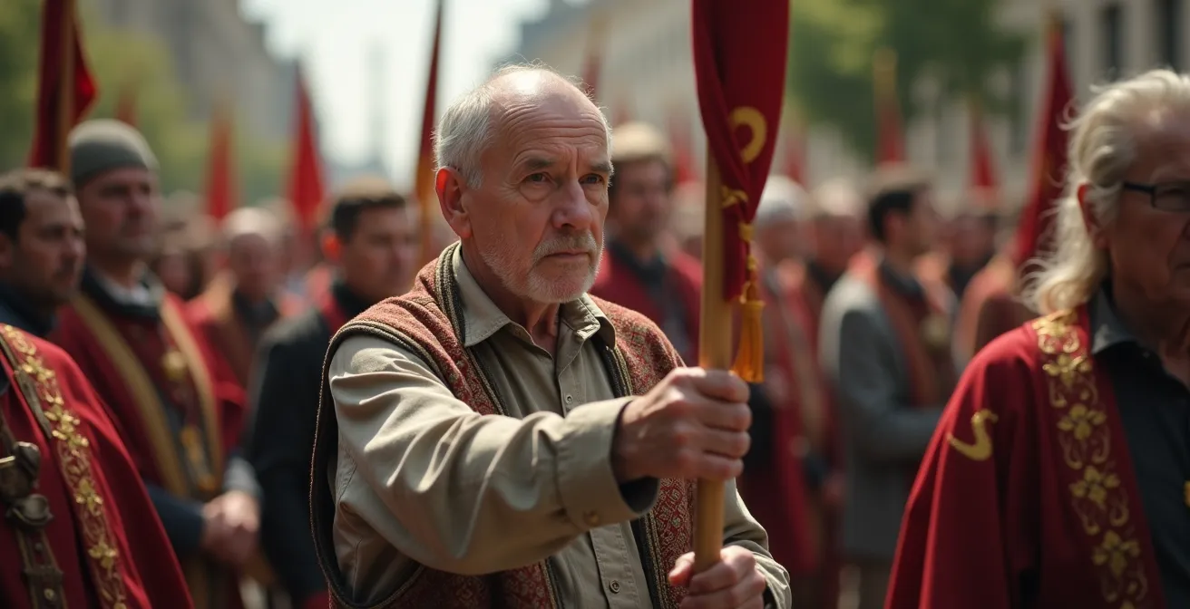 Gros plan sur le passage d'une bannière sacrée avec régulateurs informels guidant le public