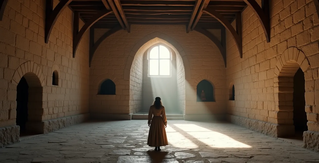 Grande salle médiévale vide d'un château fort avec murs de pierre nus et cheminée monumentale