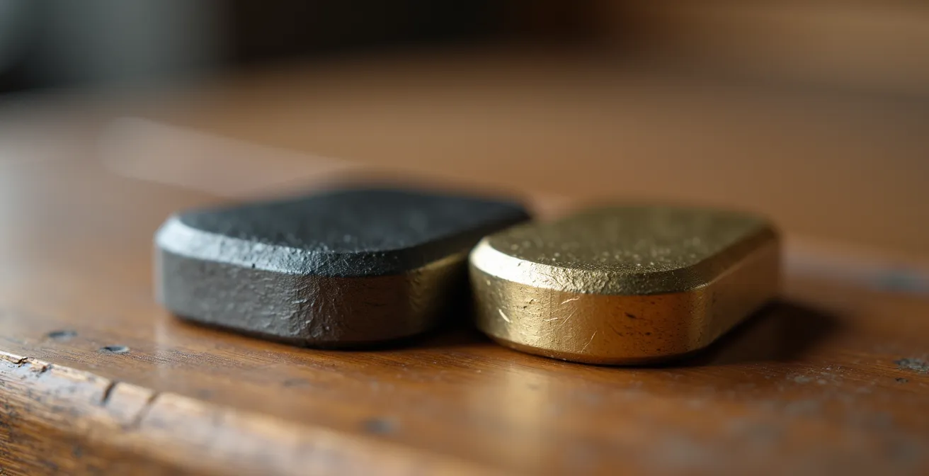 Comparaison visuelle entre palets bretons en fonte et vendéens en laiton sur leurs planches respectives