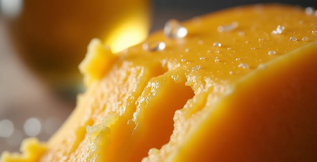 Gros plan macro sur texture de Comté affiné avec verre de Vin Jaune en arrière-plan flou