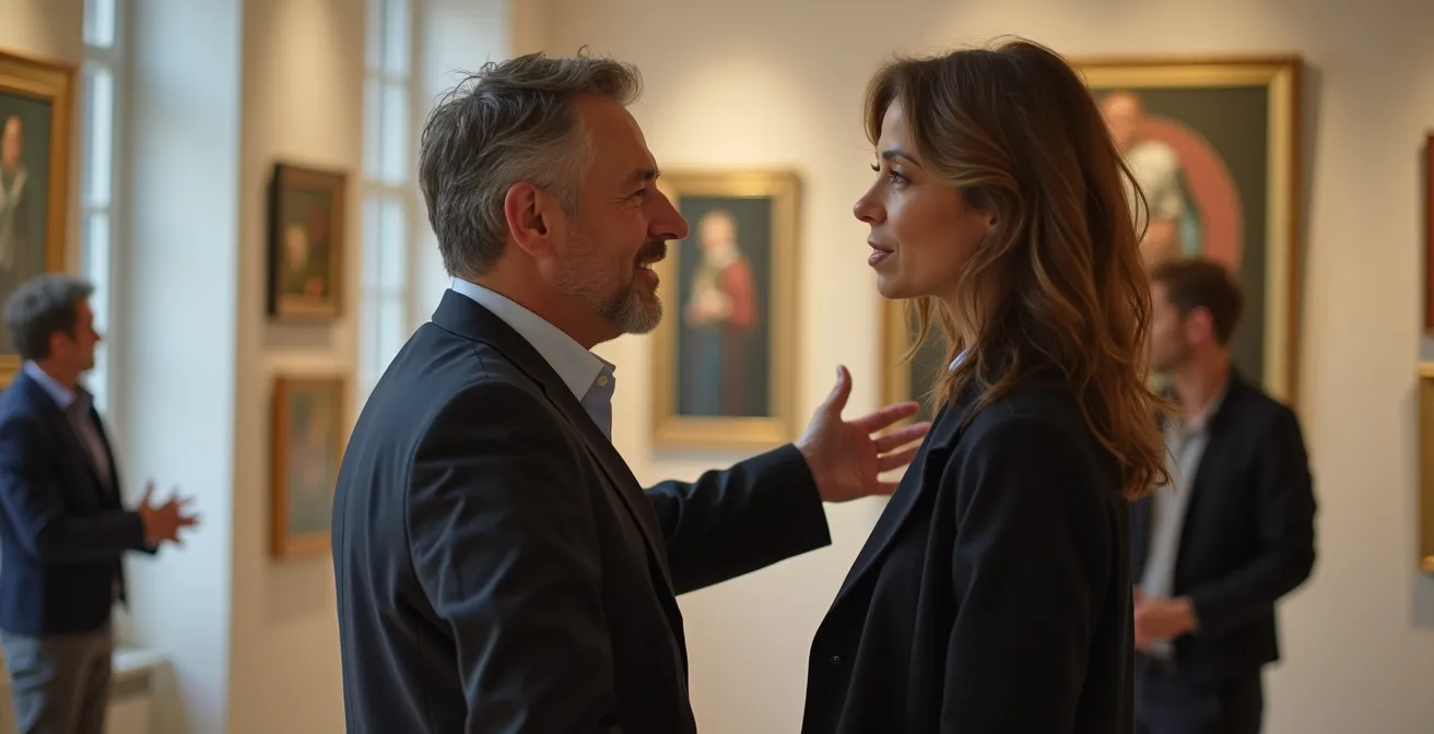 Échange entre un galeriste et un visiteur dans une galerie d'art parisienne