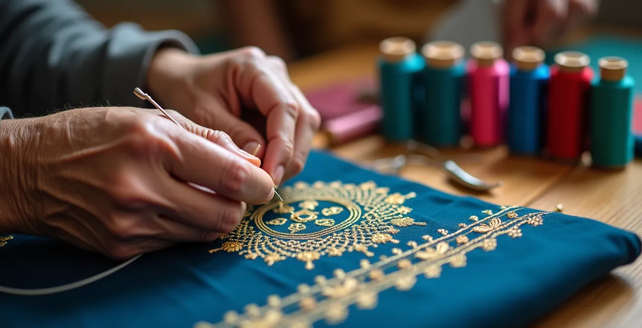 Atelier de confection de costumes traditionnels avec artisans brodeurs travaillant sur des tenues colorées