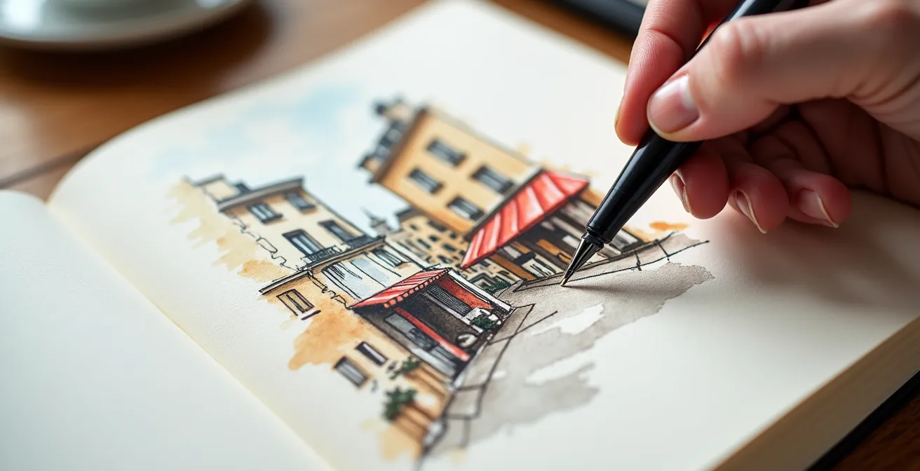 Carnet de croquis ouvert montrant une esquisse rapide d'une scène de marché français avec des silhouettes en mouvement