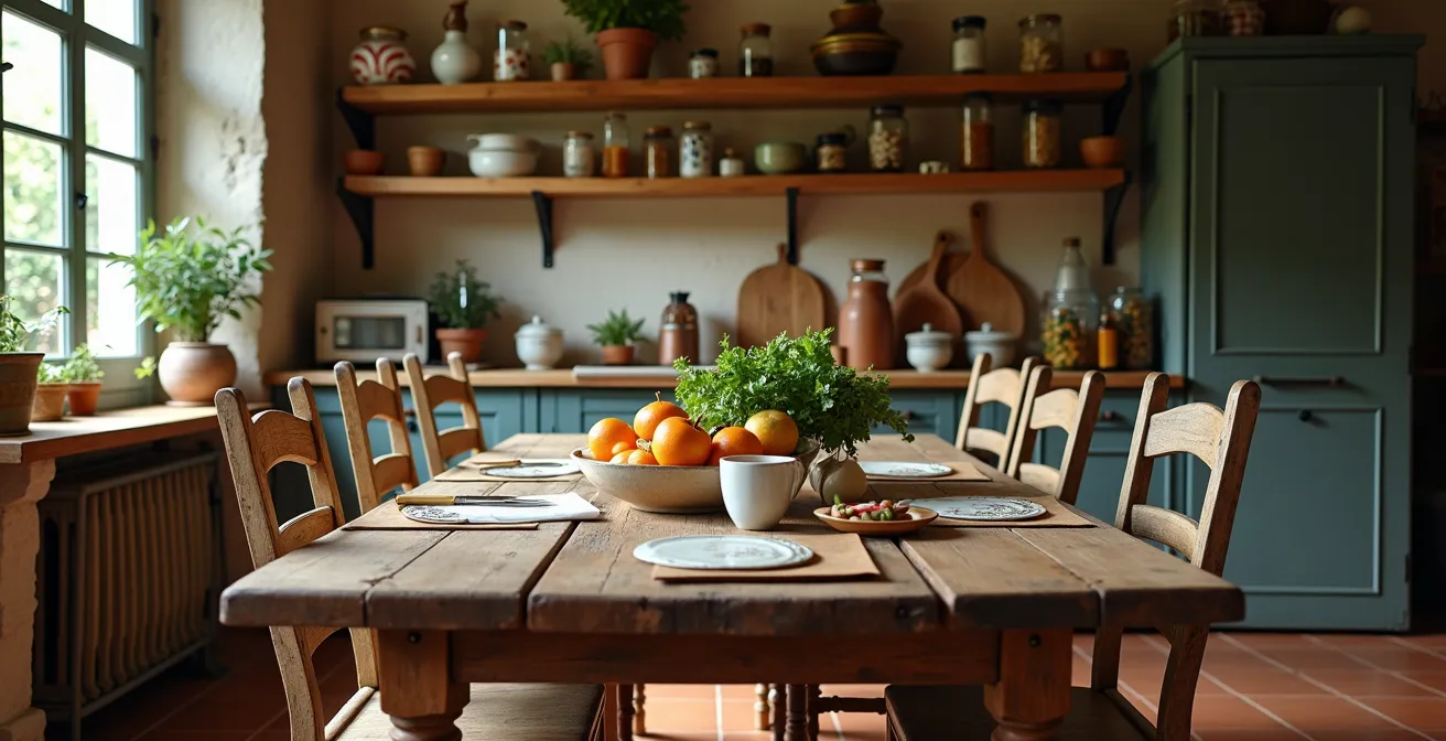 Vue d'une cuisine française authentique avec des étagères remplies de produits locaux et une table familiale