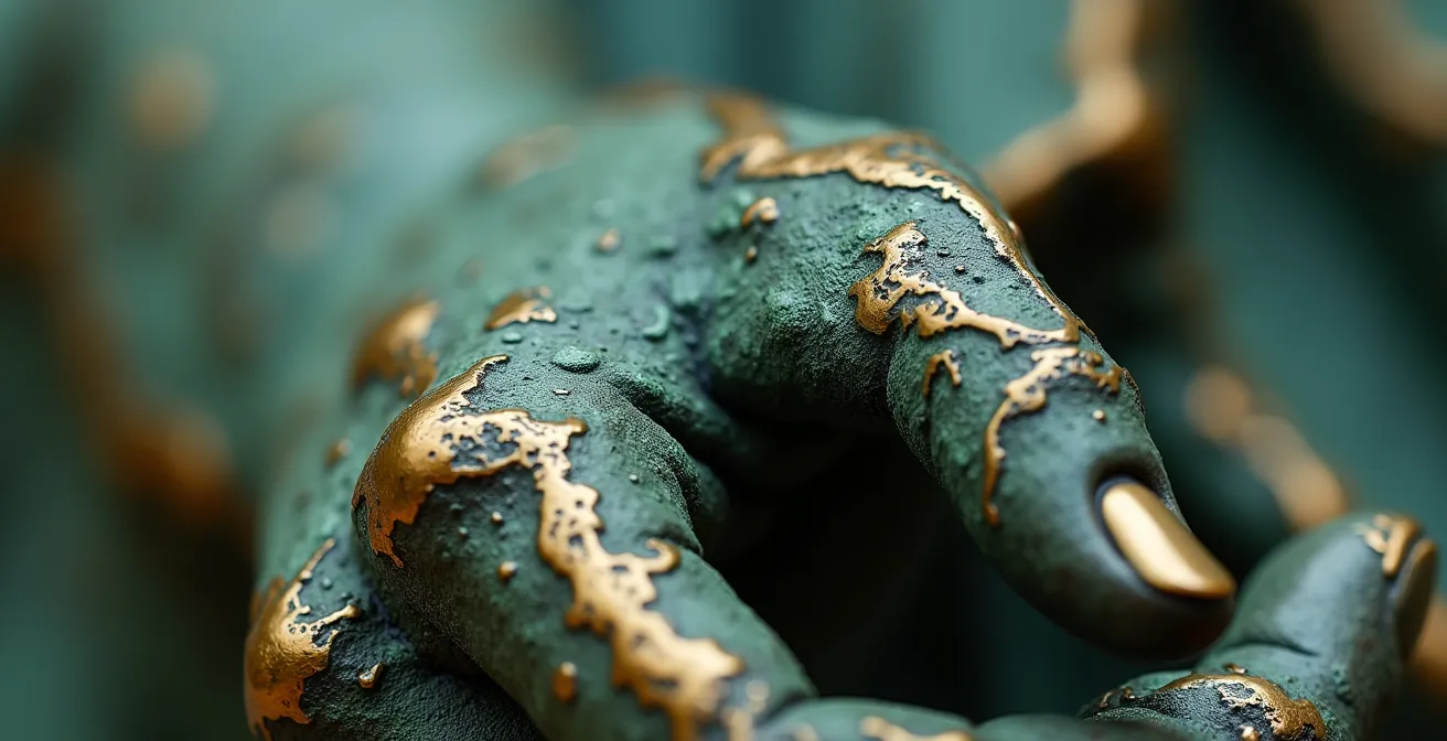 Gros plan sur la patine verte d'une statue en bronze montrant les détails fins de la sculpture