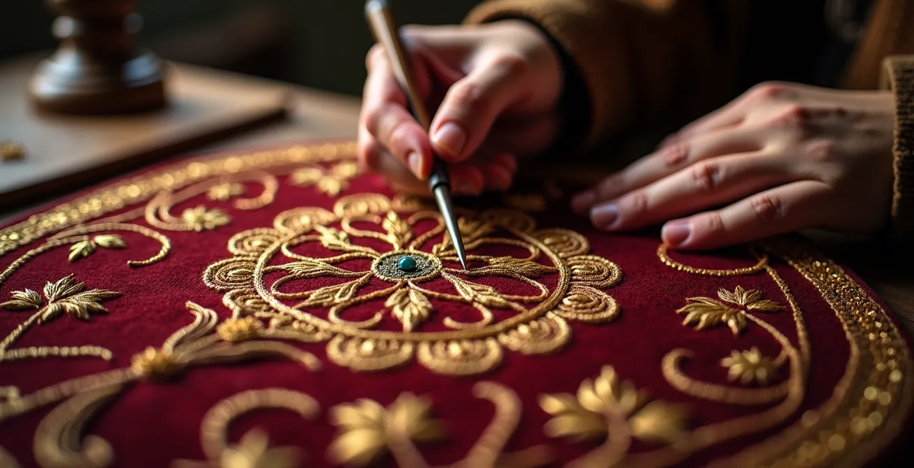 Détail macro d'un tissu médiéval brodé lors d'un atelier patrimonial