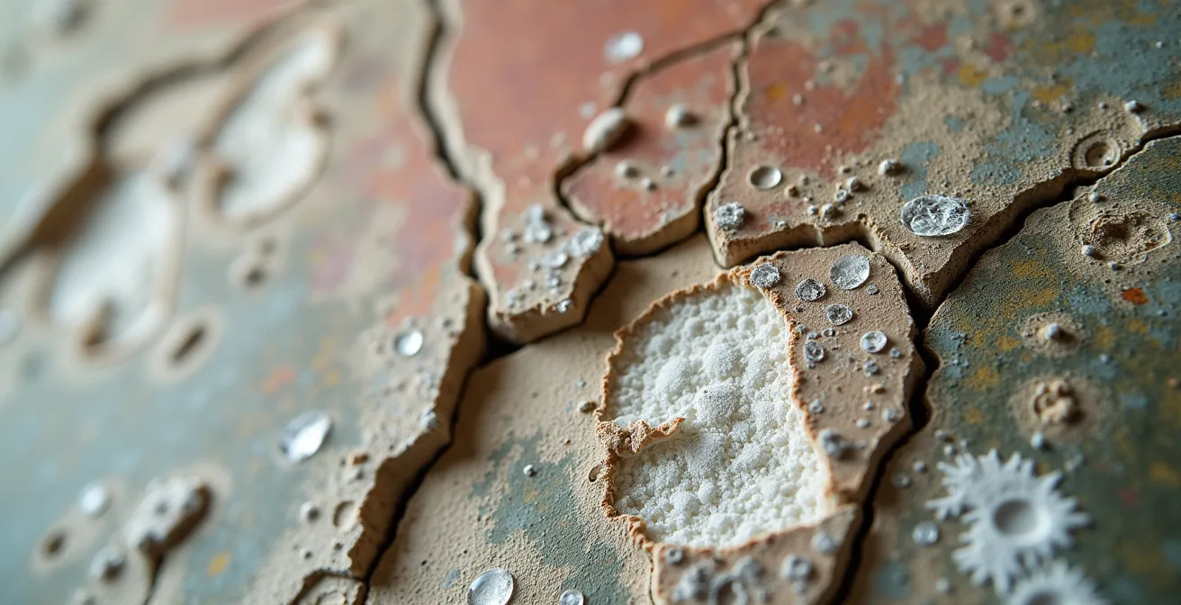 Vue détaillée de salpêtre et moisissures sur un mur d'église avec fresque, montrant différentes pathologies visibles