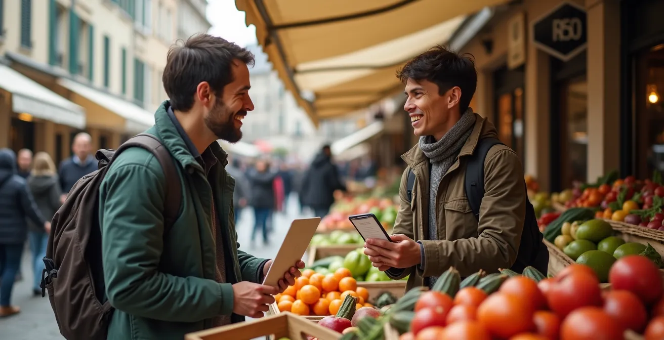 Échange chaleureux entre un commerçant local et un visiteur sur un marché traditionnel français