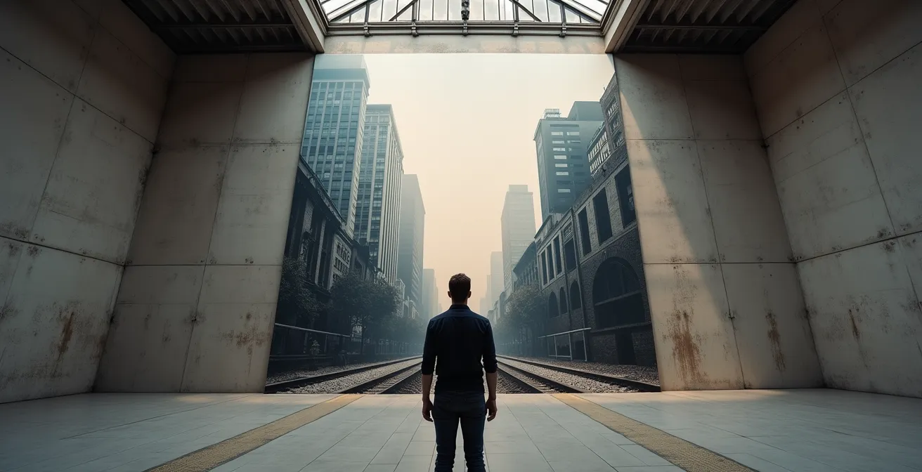 Perspective dramatique d'un visiteur face à une photographie monumentale dans un espace industriel reconverti