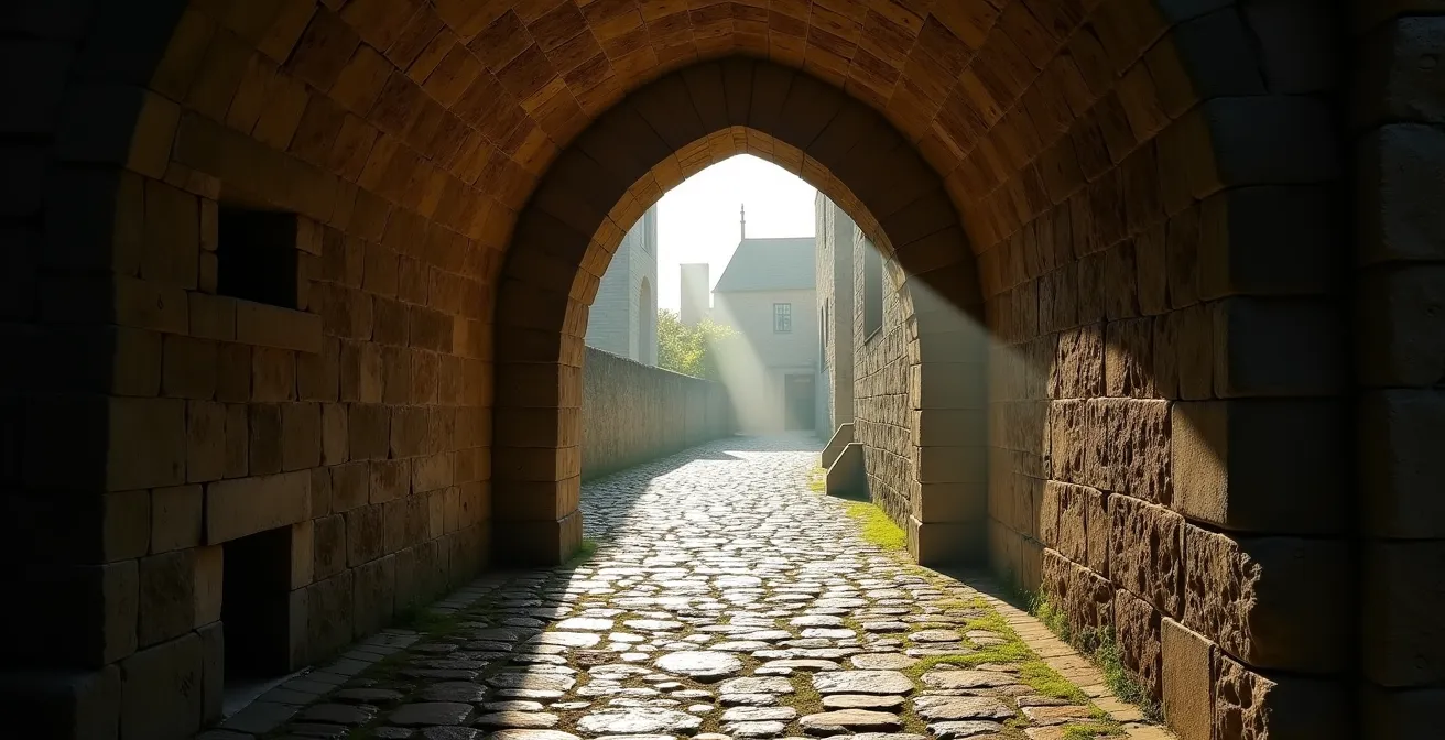 Entrée discrète par le porche de la maison des Fanils au Mont-Saint-Michel avec passage voûté médiéval