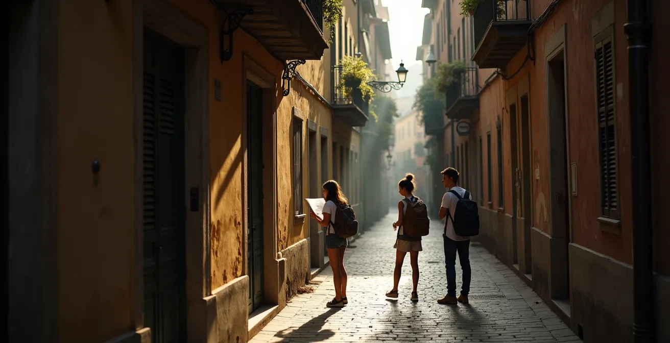 Ruelle pittoresque française avec architecture locale caractéristique explorée par un petit groupe en découverte autonome