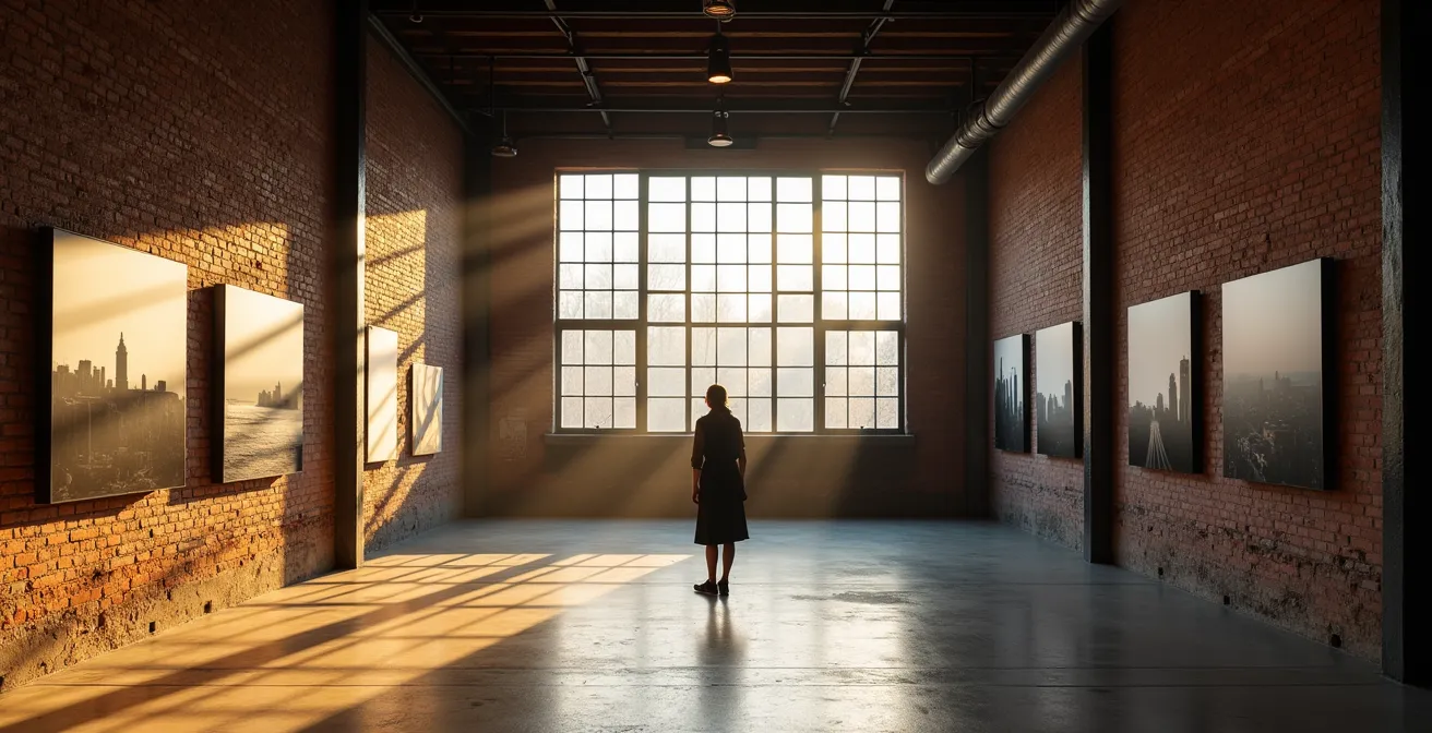 Exposition photographique dans un espace industriel avec lumière naturelle filtrant à travers de hautes fenêtres
