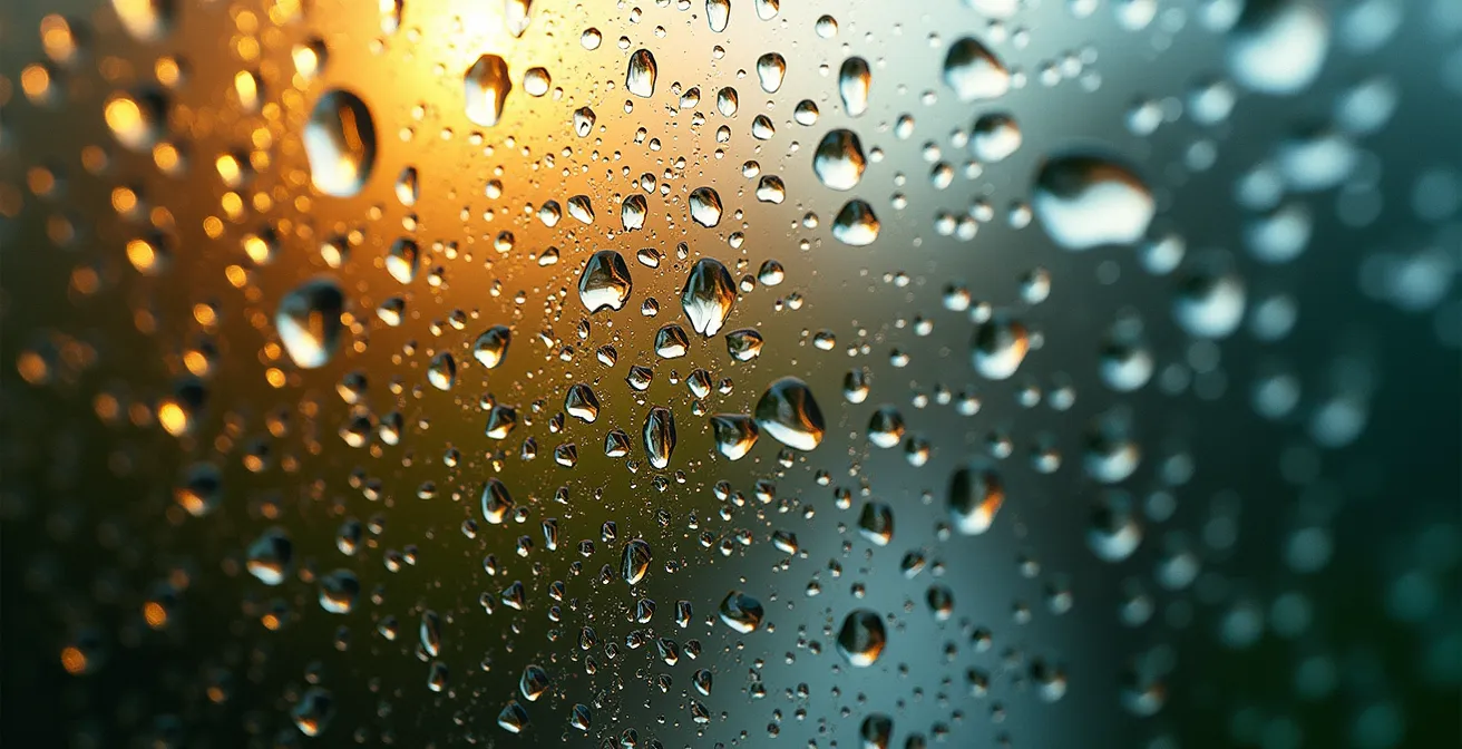 Macro détaillée de gouttes d'eau sur une vitre avec reflets colorés suggérant différents climats régionaux