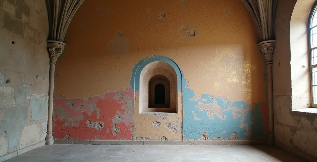 Fenêtre de dégagement test révélant les couches successives d'une fresque médiévale