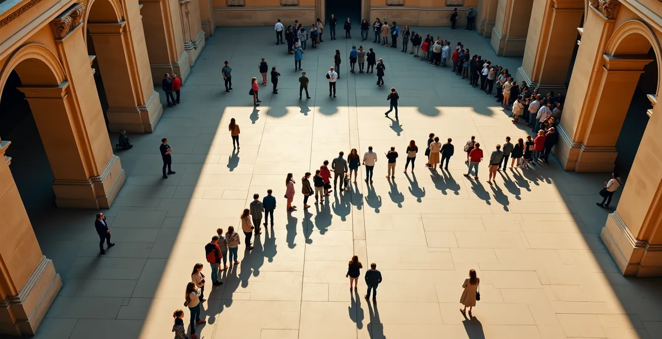 Vue aérienne de visiteurs faisant la queue devant un musée parisien un samedi après-midi