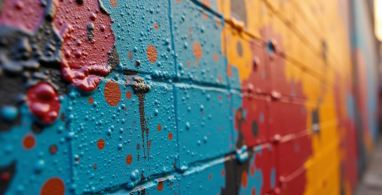 Fresque street art monumentale baignée par la lumière dorée du matin avec ombres dramatiques