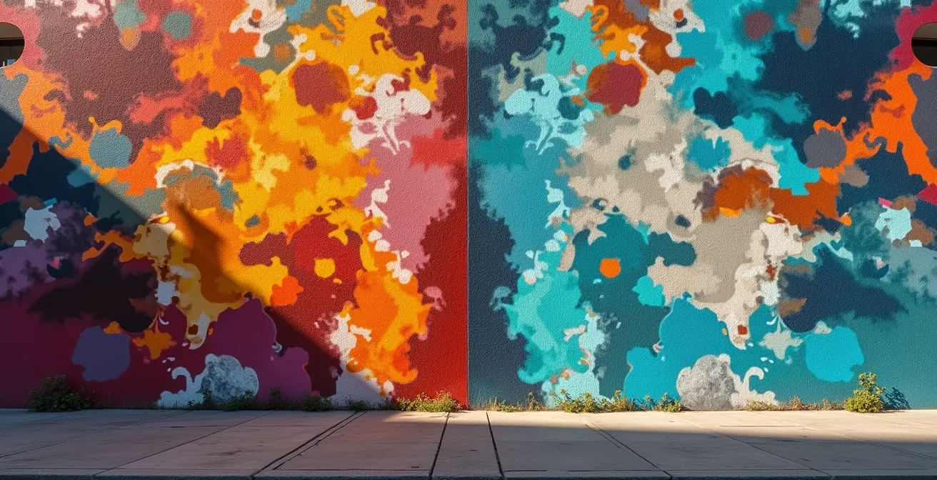 Vue d'un mur urbain montrant la transition entre graffiti sauvage et fresque commandée