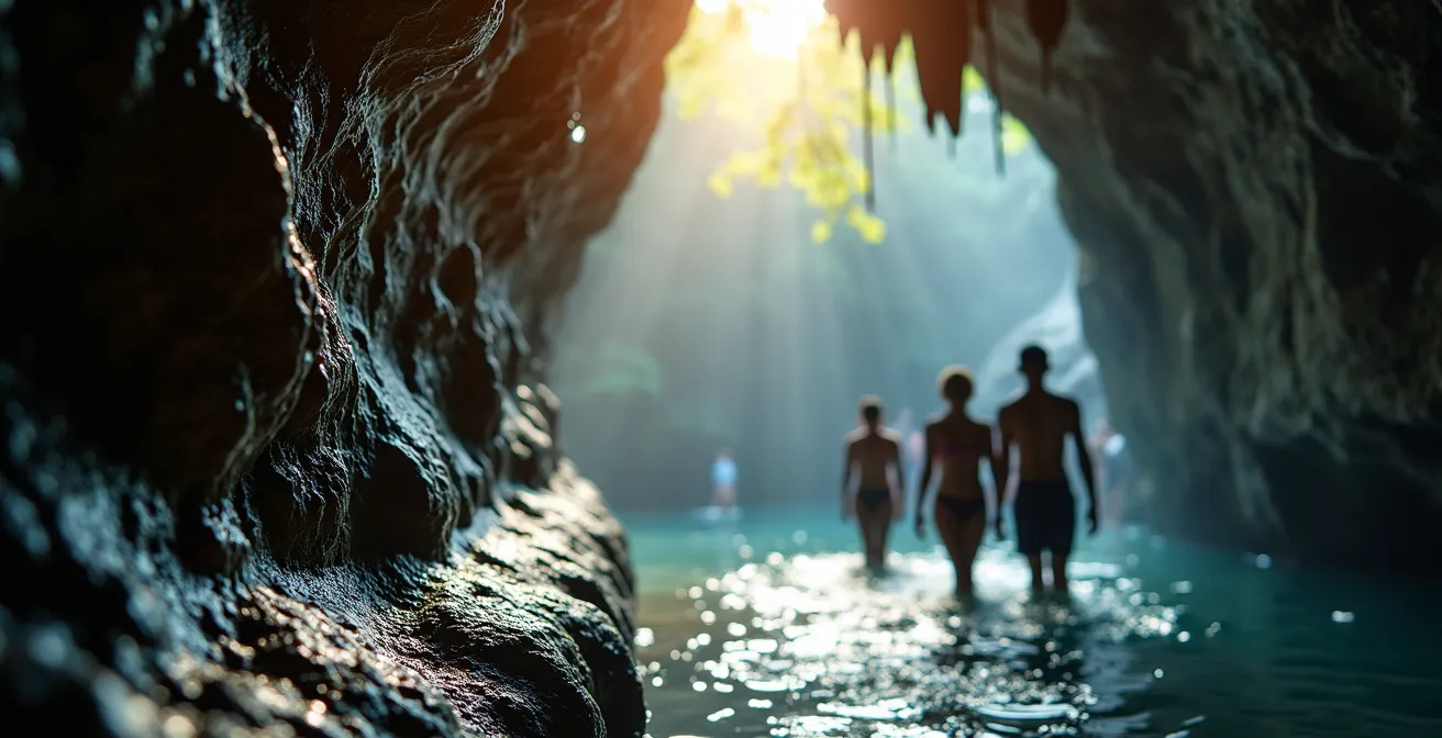 Visiteurs dans une grotte naturelle fraîche avec jeux de lumière, une alternative à la chaleur estivale