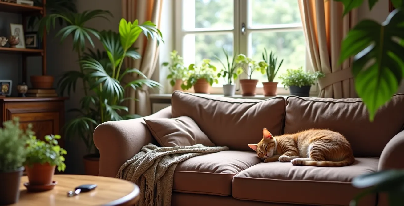 Vue grand angle d'un salon chaleureux avec un chat sur le canapé et des plantes vertes, suggérant un home-sitting
