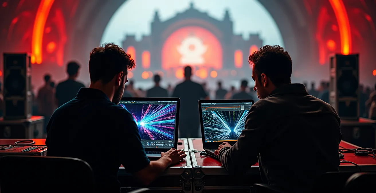 Ingénieurs système son travaillant sur des logiciels de modélisation 3D pour optimiser la propagation acoustique