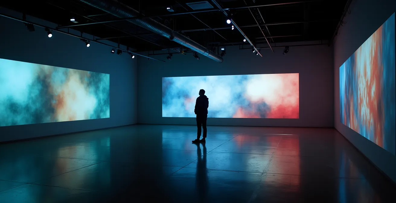 Spectateur immergé dans une installation vidéo, baigné par les projections lumineuses multicolores