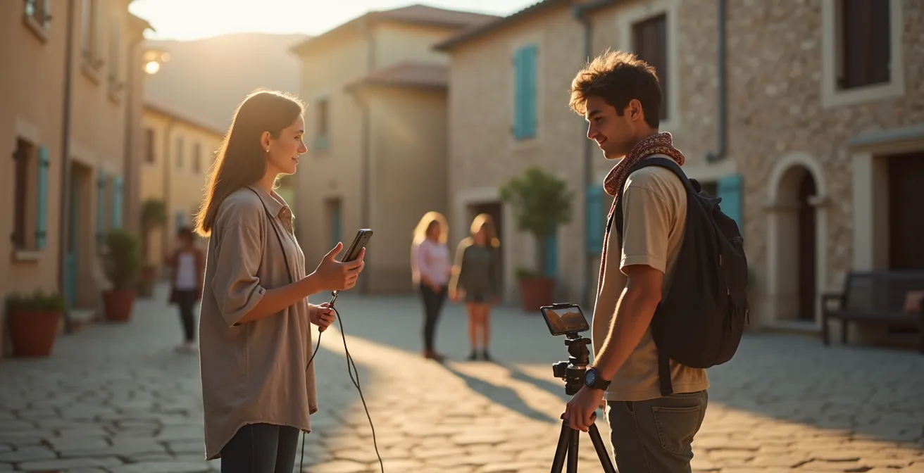 Jeune créateur filmant du contenu en dialecte régional avec son smartphone dans un cadre rural