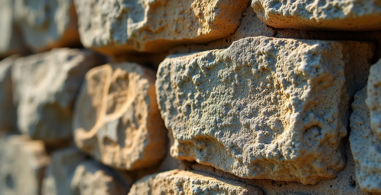 Détail macro d'une pierre ancienne de rempart avec lichens et marques du temps