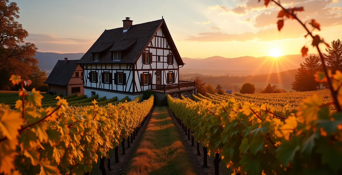 Maison à colombages alsacienne traditionnelle entourée de vignobles au coucher du soleil