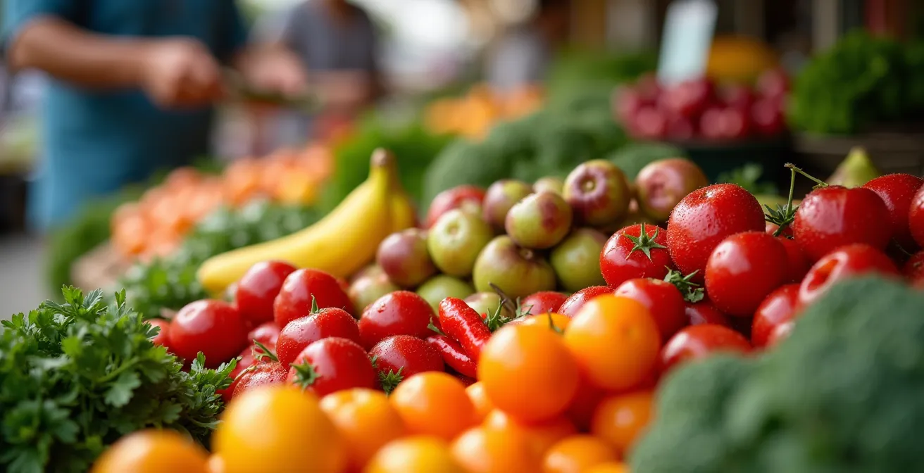 Marché français traditionnel en fin de matinée avec producteurs locaux négociant leurs derniers produits