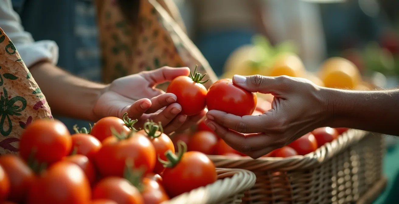 Gros plan sur des mains échangeant des produits frais sur un marché français