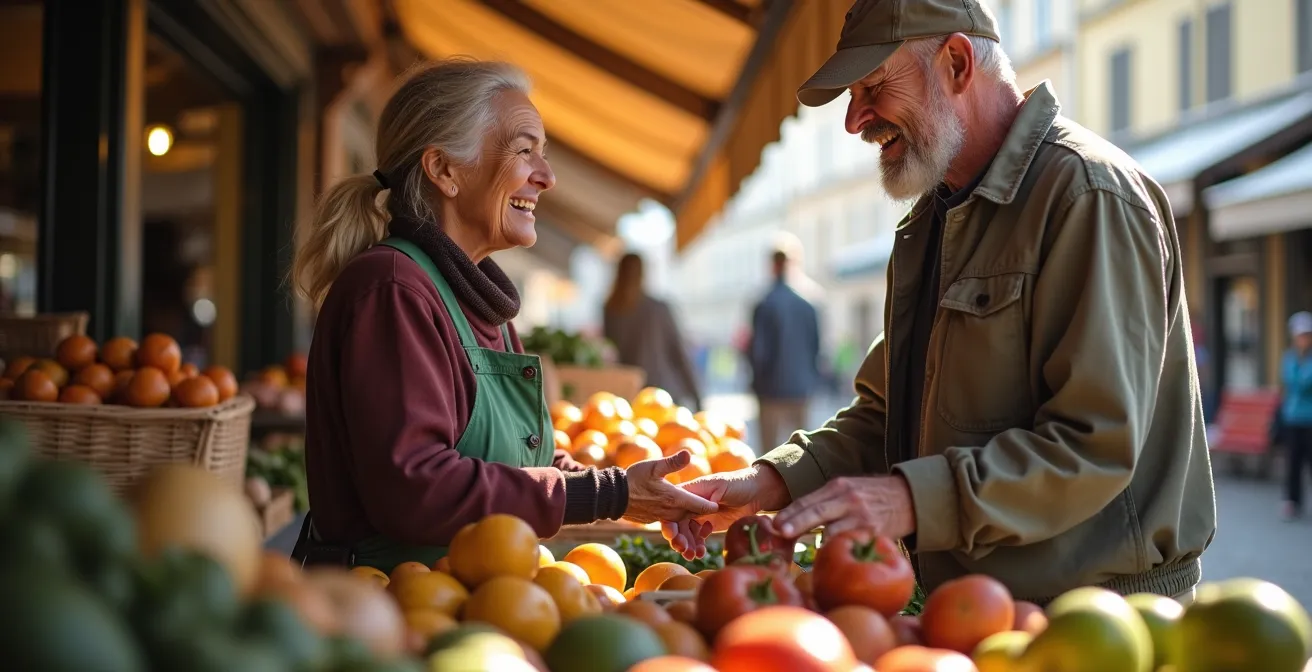 Scène de marché provençal avec vendeurs et clients en pleine discussion animée