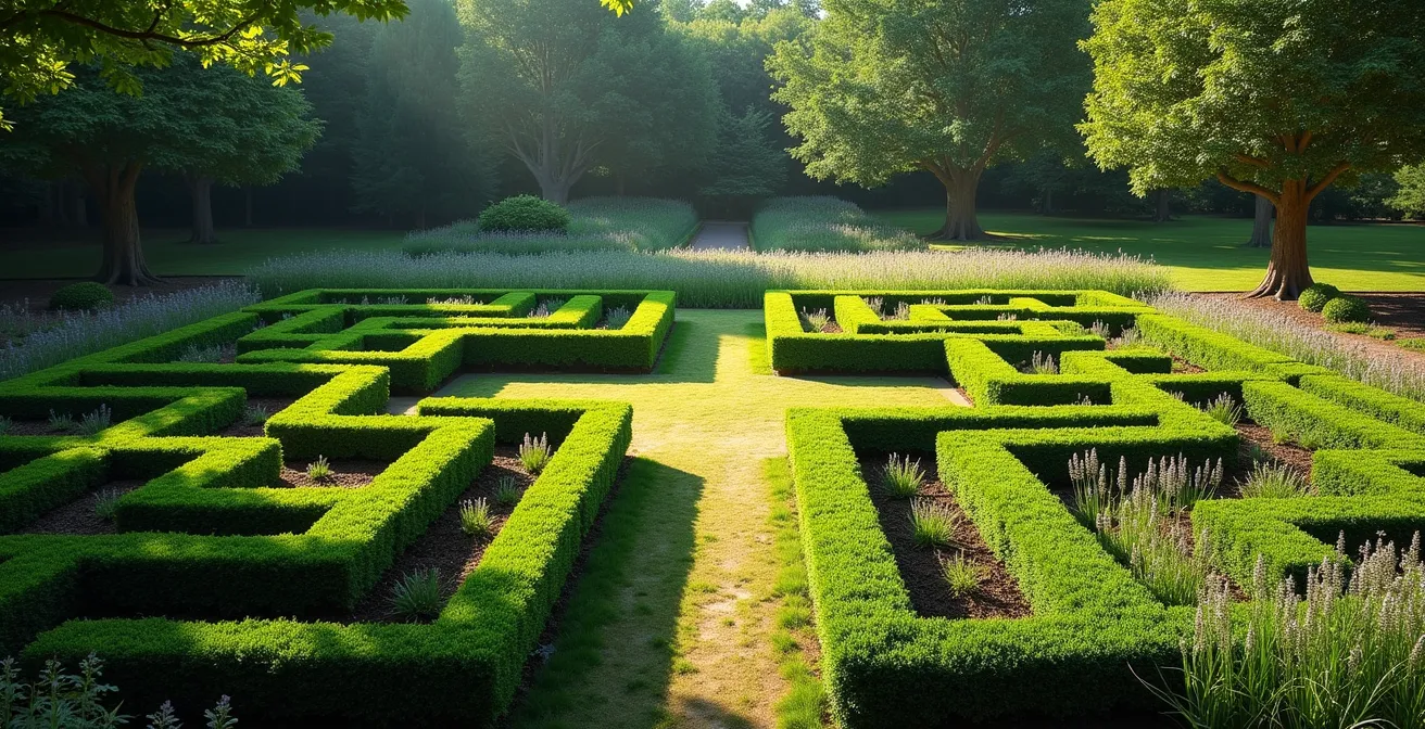 Vue aérienne montrant la transition entre un parterre géométrique à la française et un paysage sinueux à l'anglaise