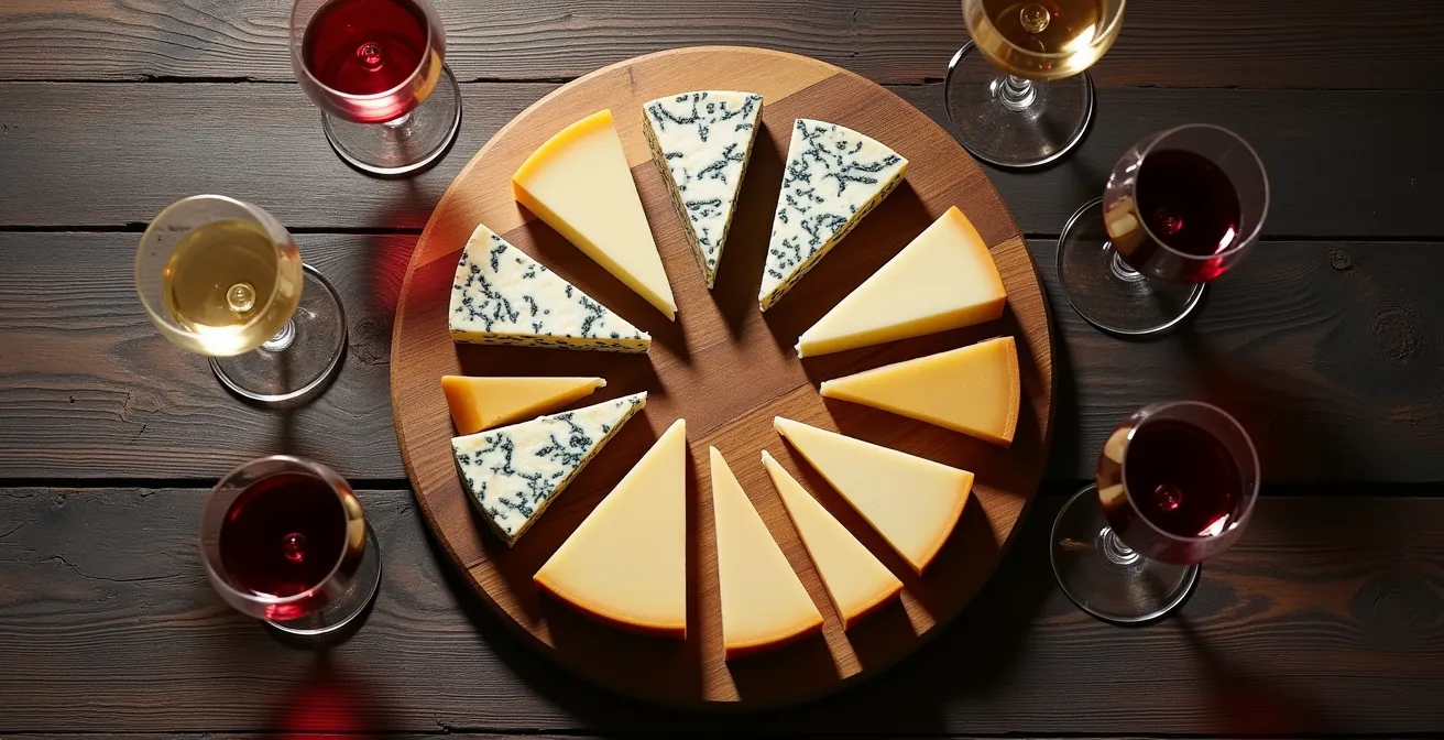 Vue aérienne d'un plateau de fromages français arrangé en cercle du plus doux au plus fort