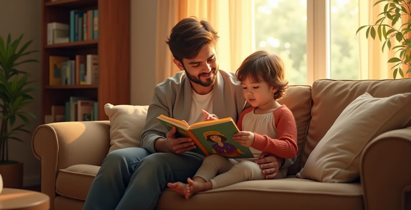 Parent et enfant de 8 ans regardant ensemble un livre d'histoire illustré dans un cadre familial apaisant