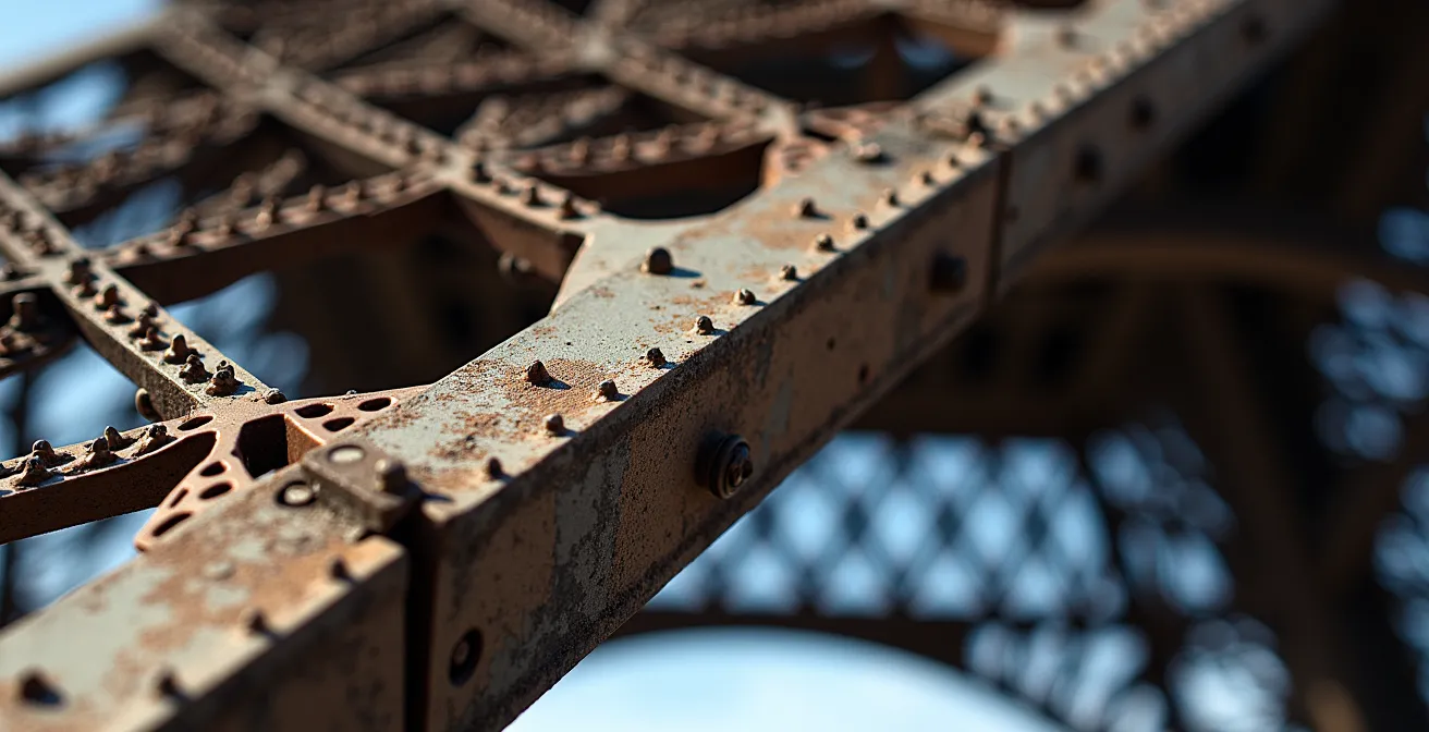 Vue en contre-plongée de la structure métallique de la Tour Eiffel depuis sa base montrant l'immense complexité architecturale