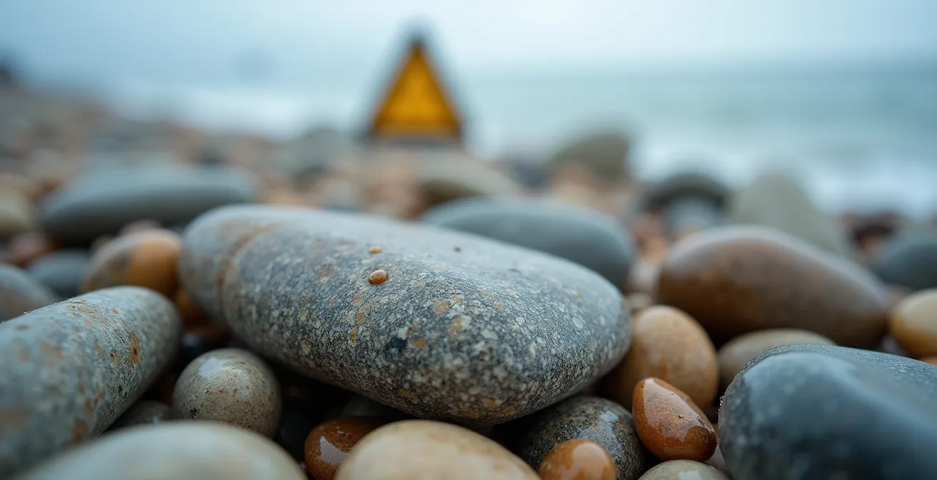 Vue macro de galets sur une plage normande avec panneau de protection floue en arrière-plan