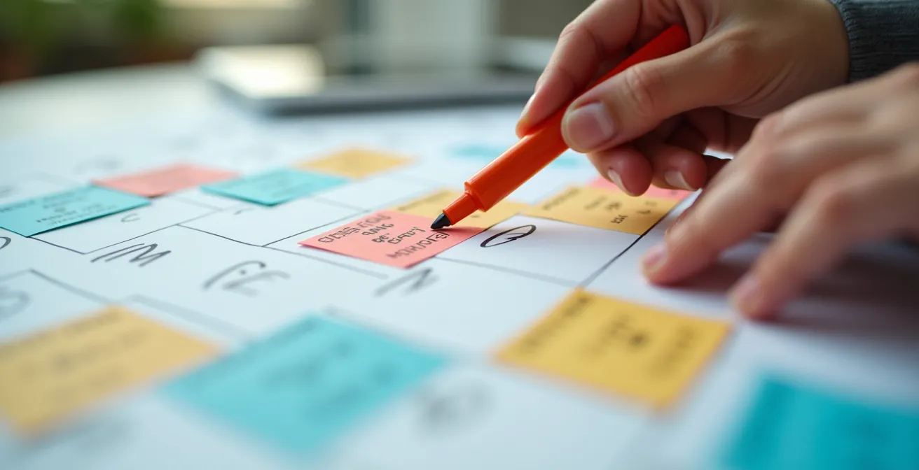 Visualisation d'un système de planification flexible sur trois mois avec espaces de respiration